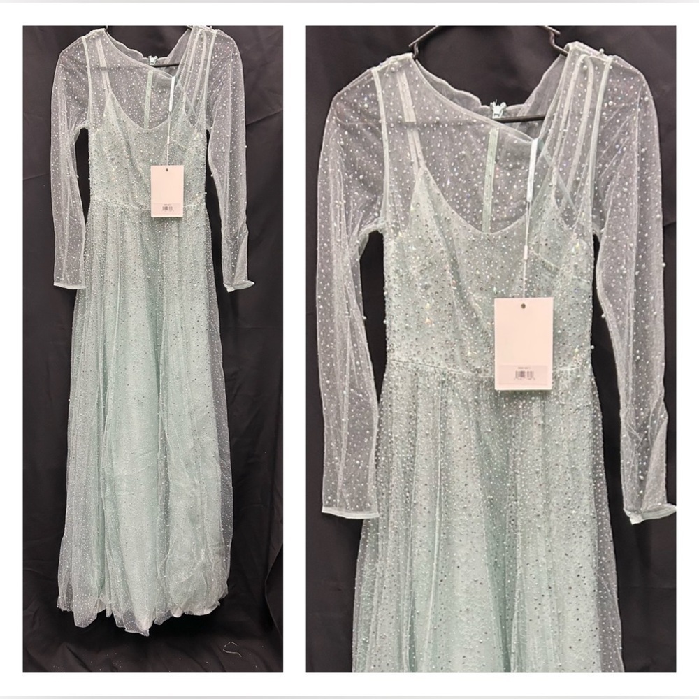 Rare 1/1 Mac Duggal 50692 NWT Sheer Long Sleeve Gown in Mint